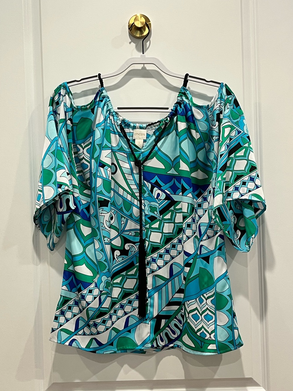 Chico's Blue-Green Geometric Off-Shoulder Blouse